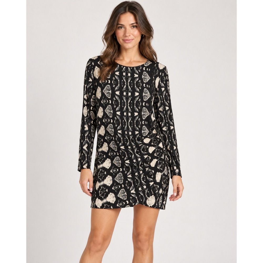 W118 by Walter Baker Dress M Black Cream Abstract Print Long Sleeve Shift